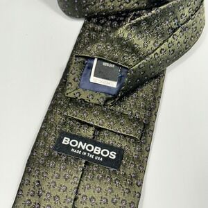 Bonobos Necktie‎ Mens OS Olive Green Floral Medallion 100% Silk USA Excellent